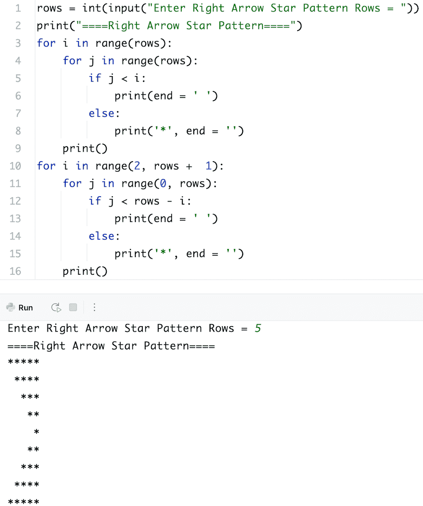 Python Program to Print Right Arrow Star Pattern using for loop