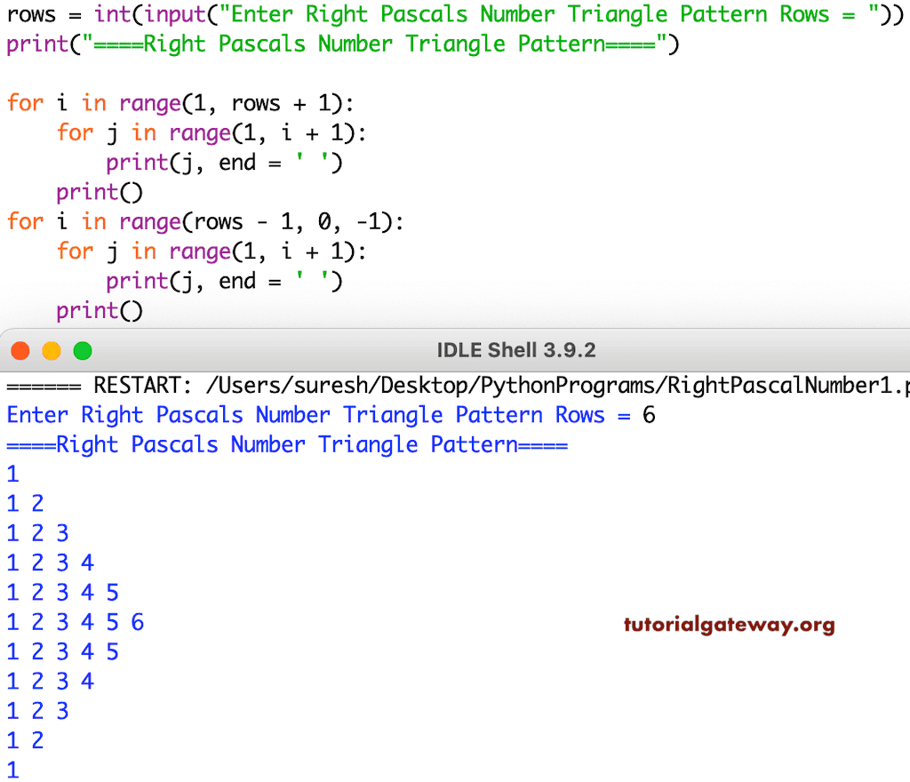 Python Program to Print Right Pascals Number Triangle