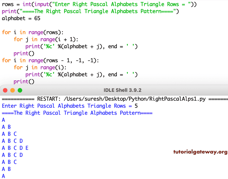 Python Program to Print Right Pascals Triangle Alphabets Pattern