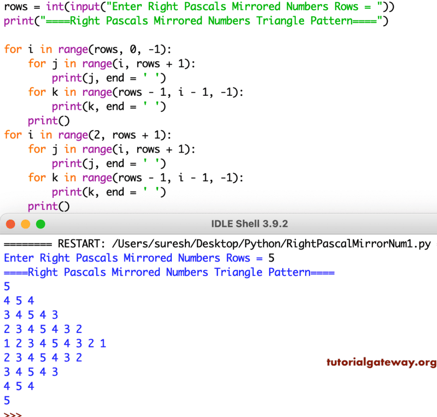 Python Program to Print Right Pascals Triangle of Mirrored Numbers Pattern