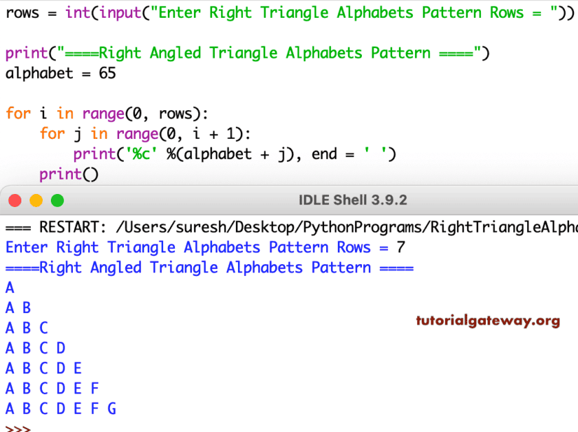 Python Program to Print Right Triangle Alphabets Pattern