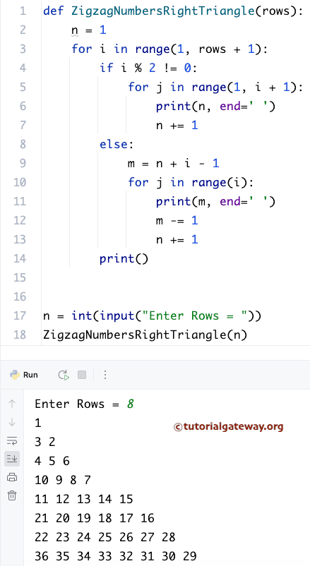 Python Program to Print Right Triangle Pattern of Zigzag Numbers