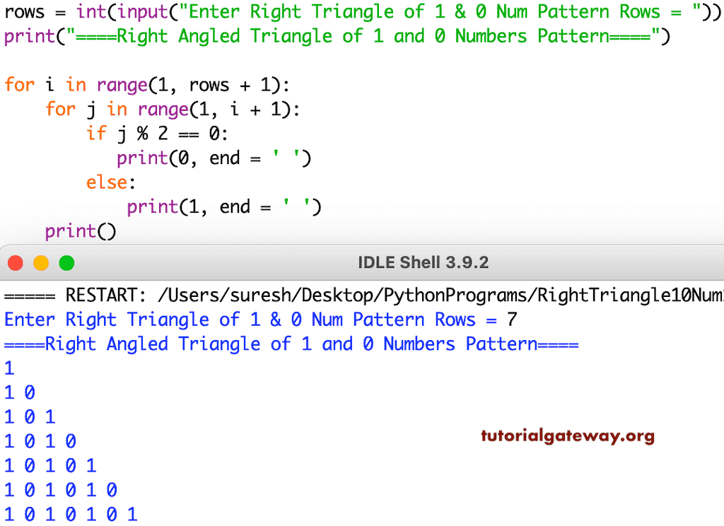 Python Program to Print Right Triangle of 1 and 0