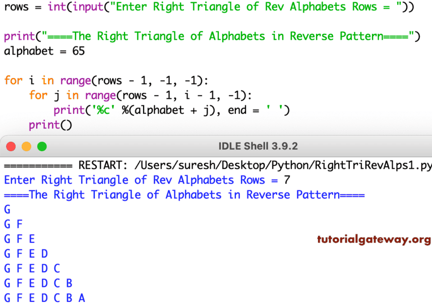 Python Program to Print Right Triangle of Alphabets in Reverse
