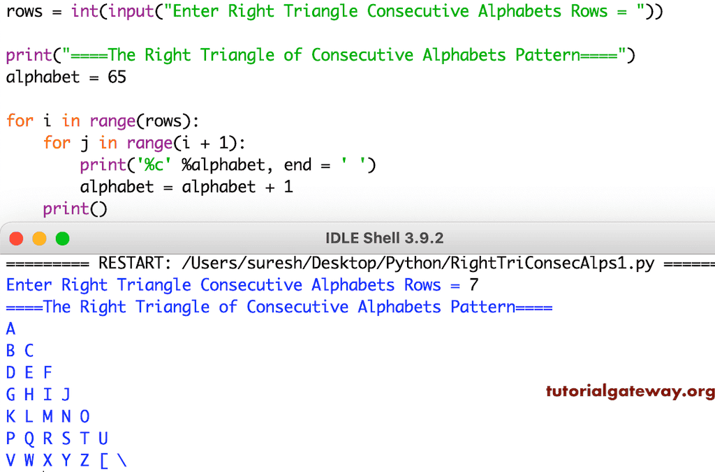 Python Program to Print Right Triangle of Consecutive Alphabets Pattern