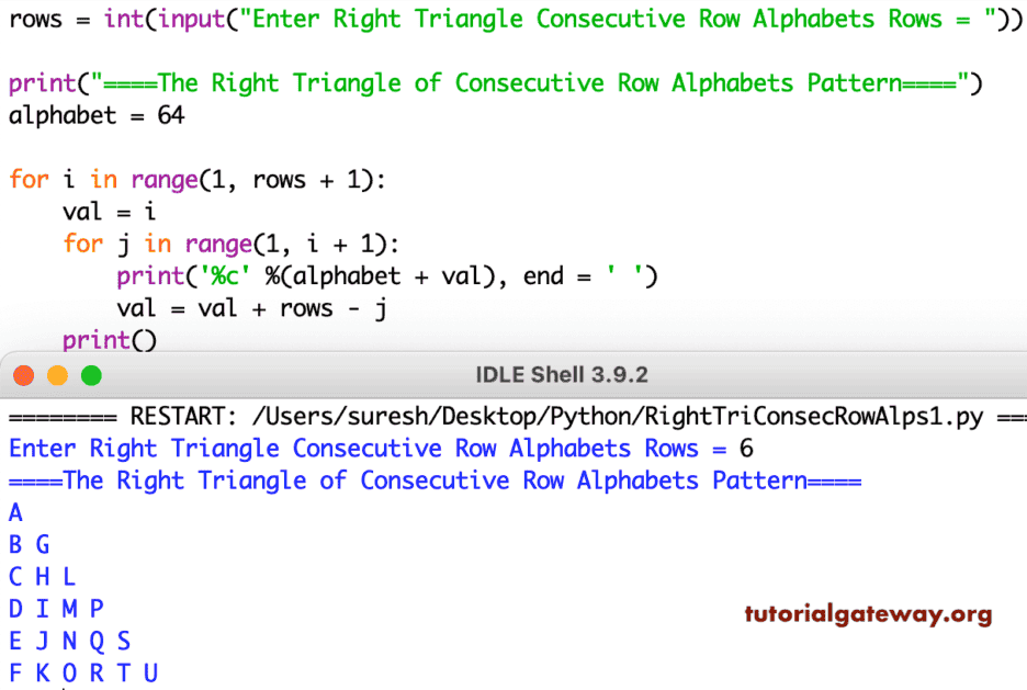 Python Program to Print Right Triangle of Consecutive Row Alphabets Pattern