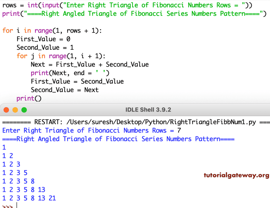 Python Program to Print Right Triangle of Fibonacci Series Numbers Pattern