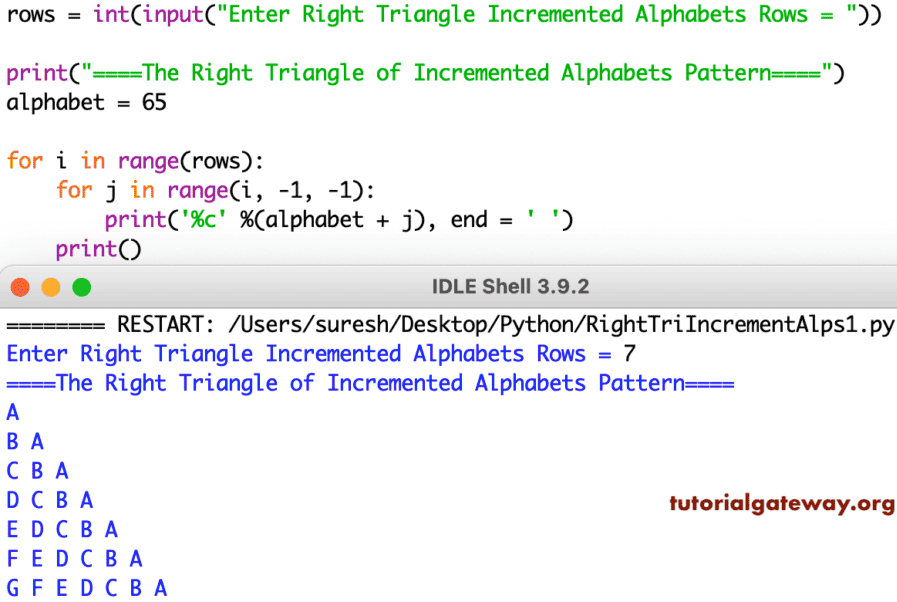 Python Program to Print Right Triangle of Incremental Alphabets Pattern
