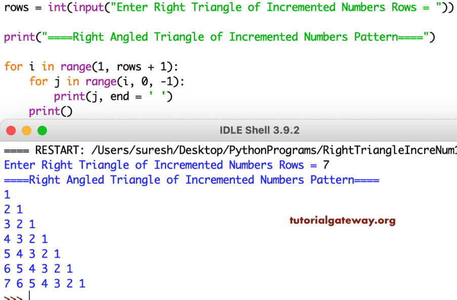 Python Program to Print Right Triangle of Incremented Numbers