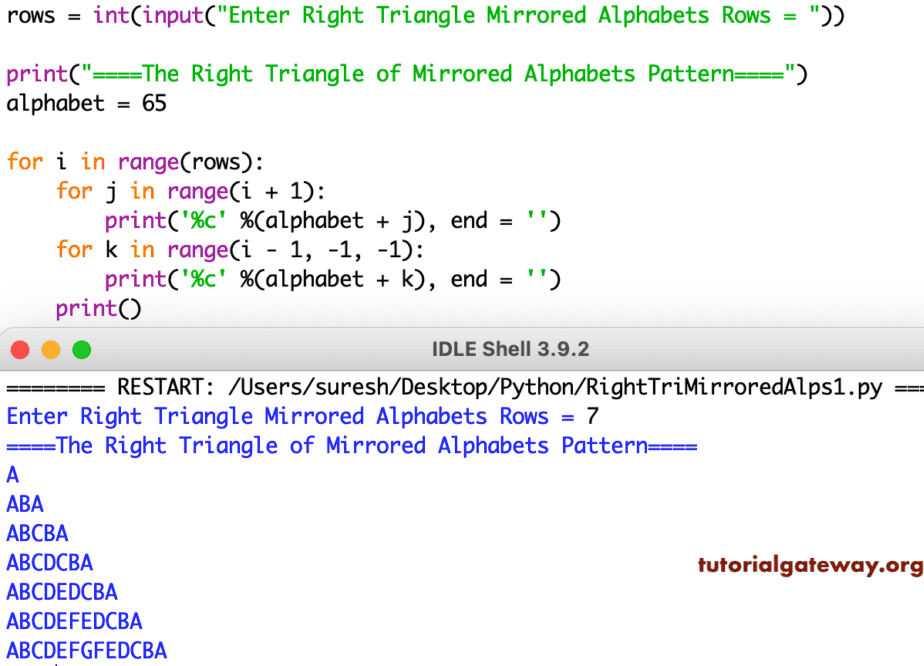Python Program to Print Right Triangle of Mirrored Alphabets Pattern