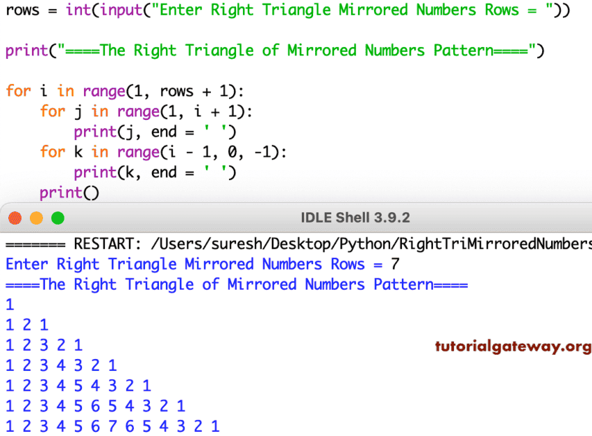 Python Program to Print Right Triangle of Mirrored Numbers Pattern