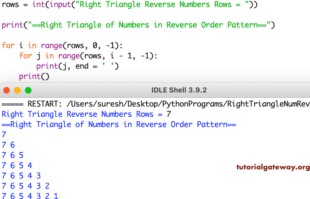 Python Program to Print Right Triangle of Numbers in Reverse