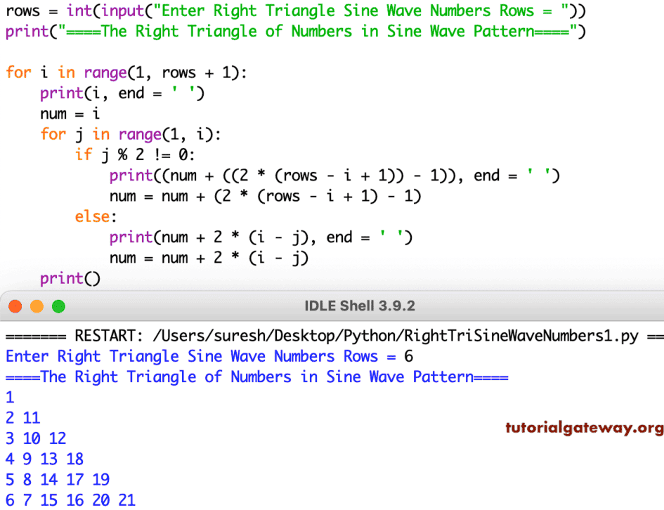 Python Program to Print Right Triangle of Numbers in Sine Wave Pattern