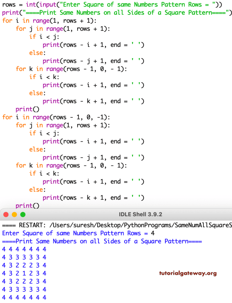 Python Program to Print Same Numbers on all Sides of a Square