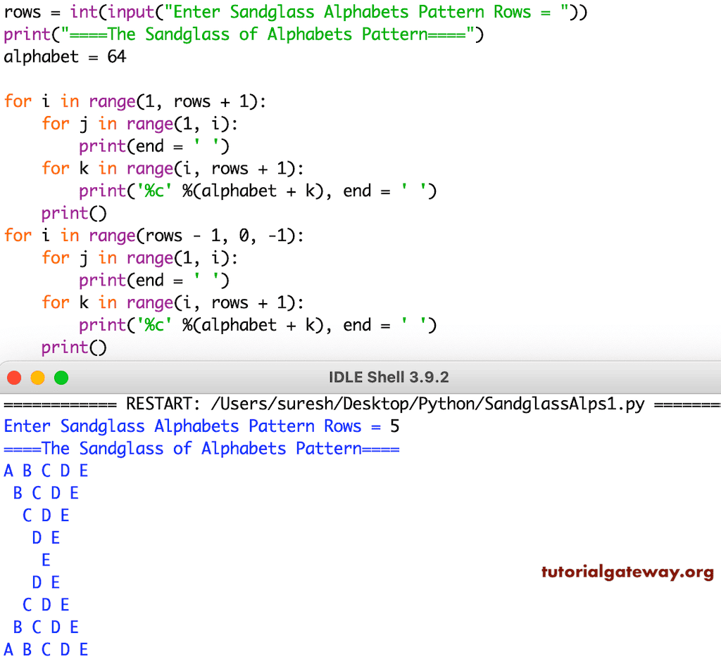 Python Program to Print Sandglass Alphabets Pattern