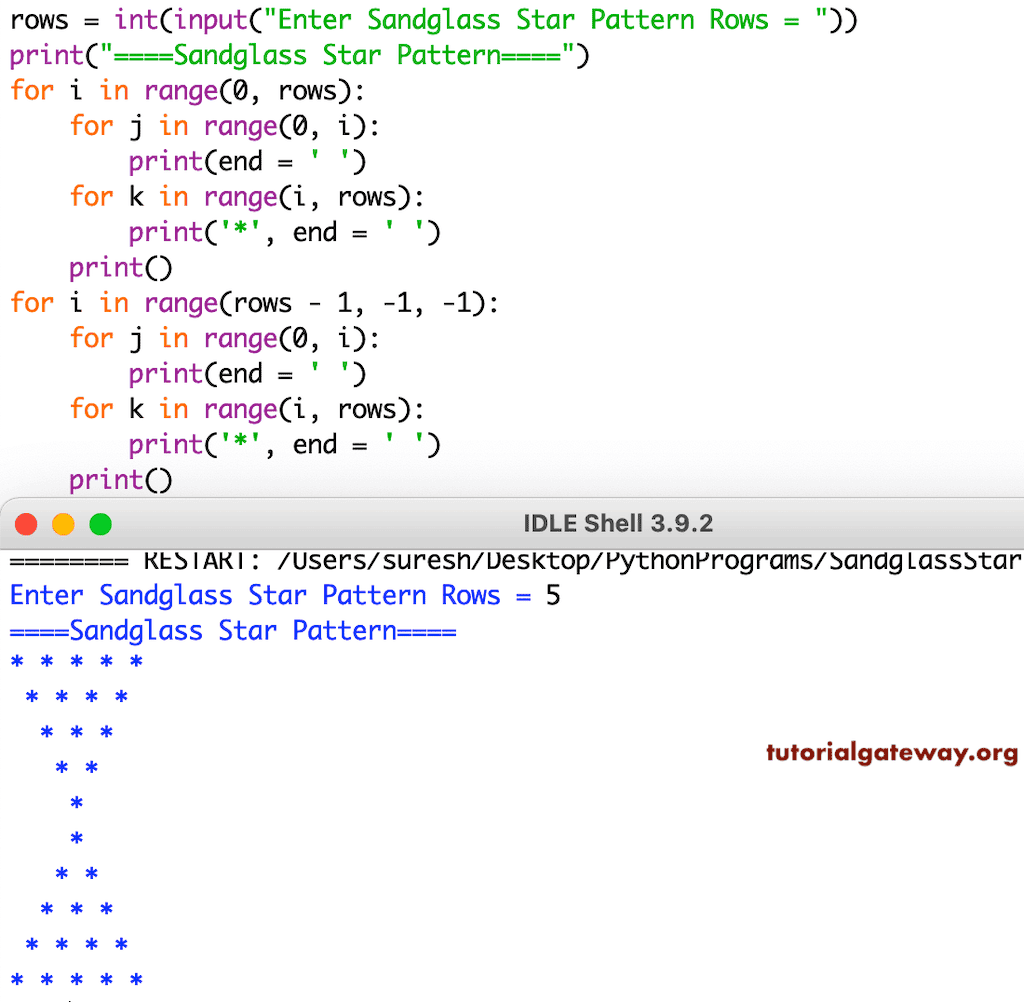 Python program to Print Sandglass Star Pattern