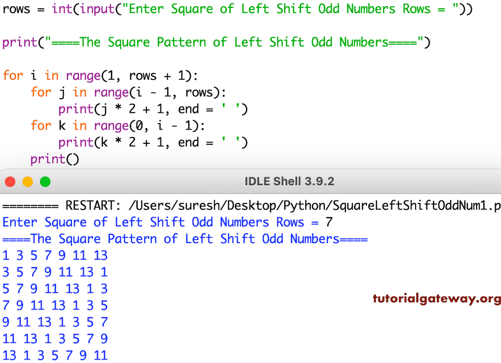 Python Program to Print Square Pattern of Left Rotating Odd Numbers