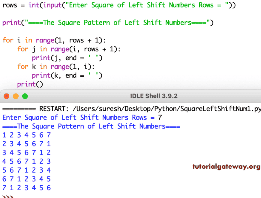 Python Program to Print Square Pattern of Left Shift Numbers