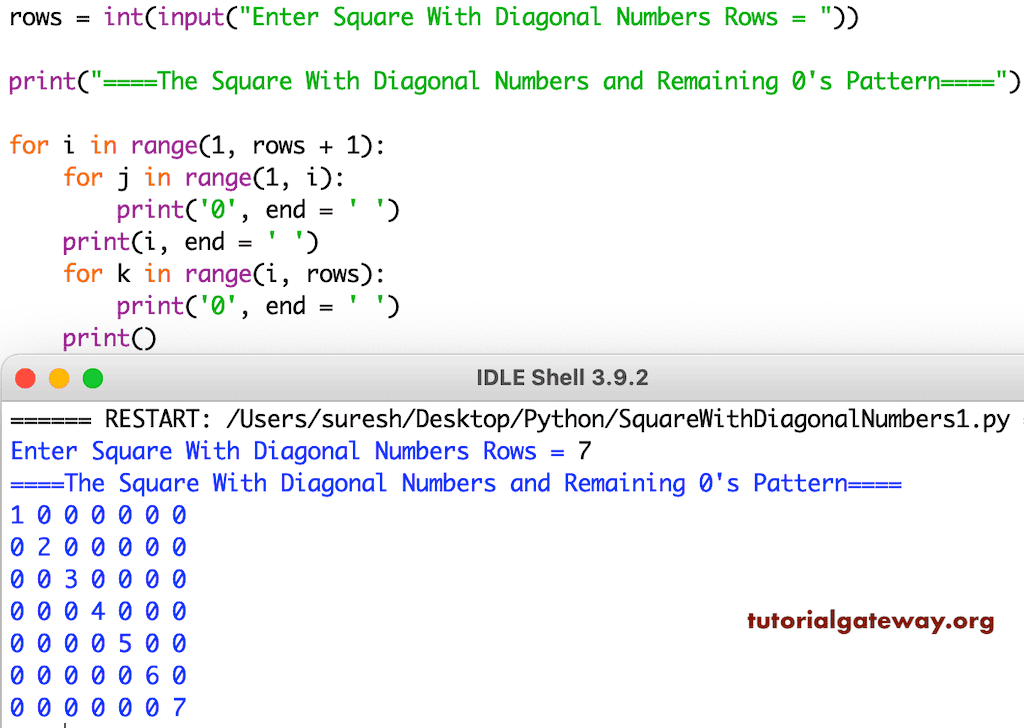 Python Program to Print Square With Diagonal Numbers Pattern
