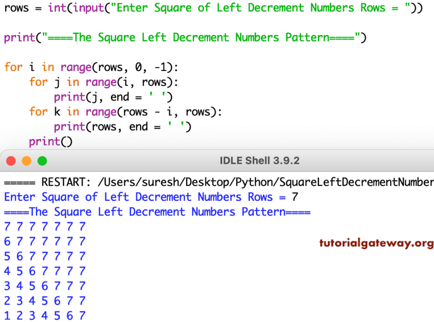 Python Program to Print Square of Left Decrement Numbers Pattern