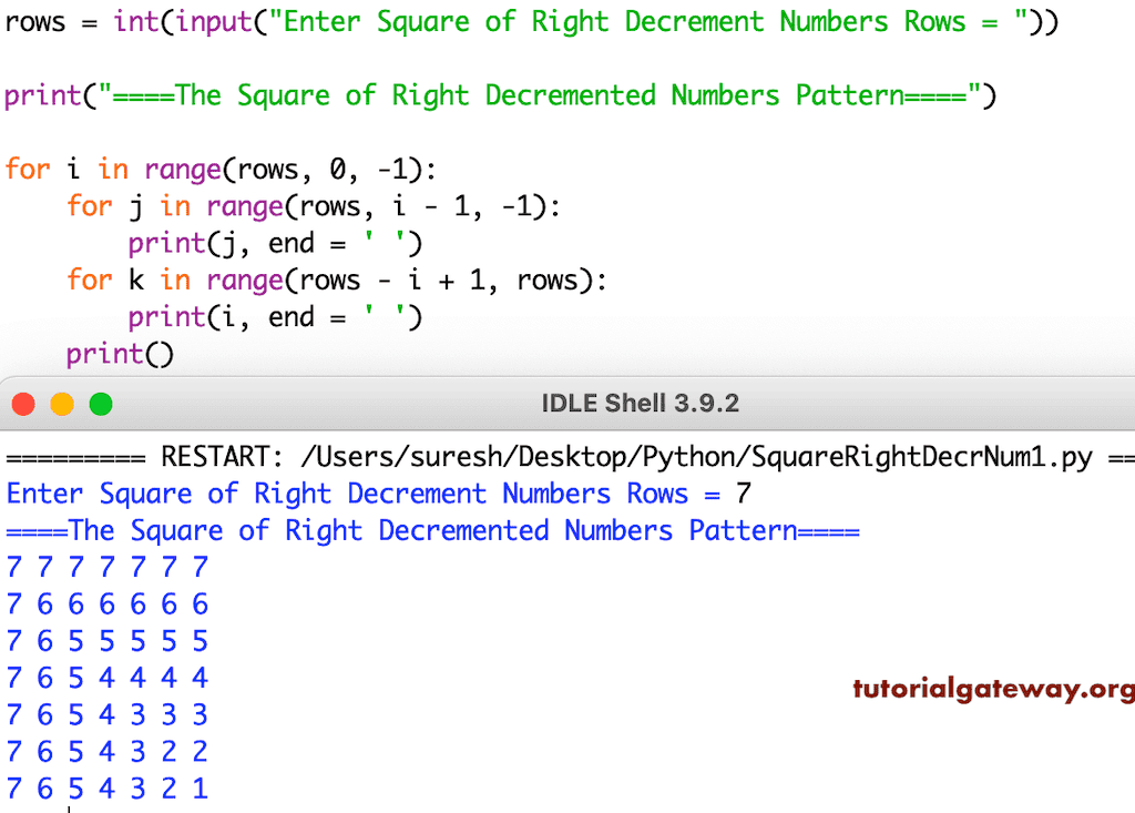 Python Program to Print Square of Right Decrement Numbers Pattern