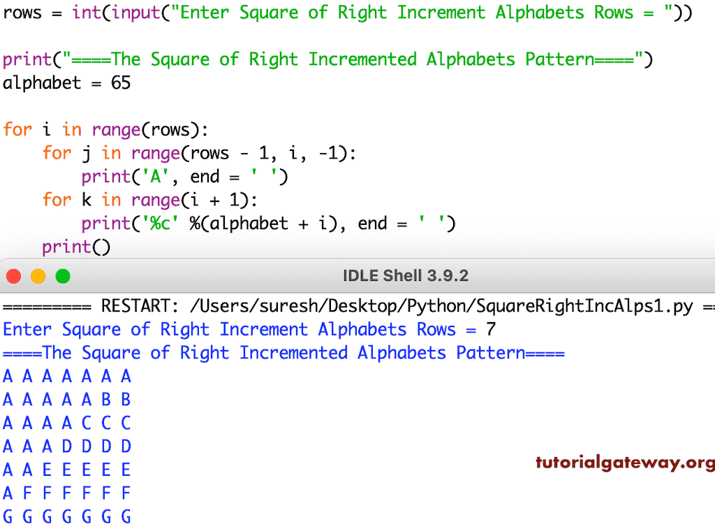 Python Program to Print Square of Right Increment Alphabets Pattern