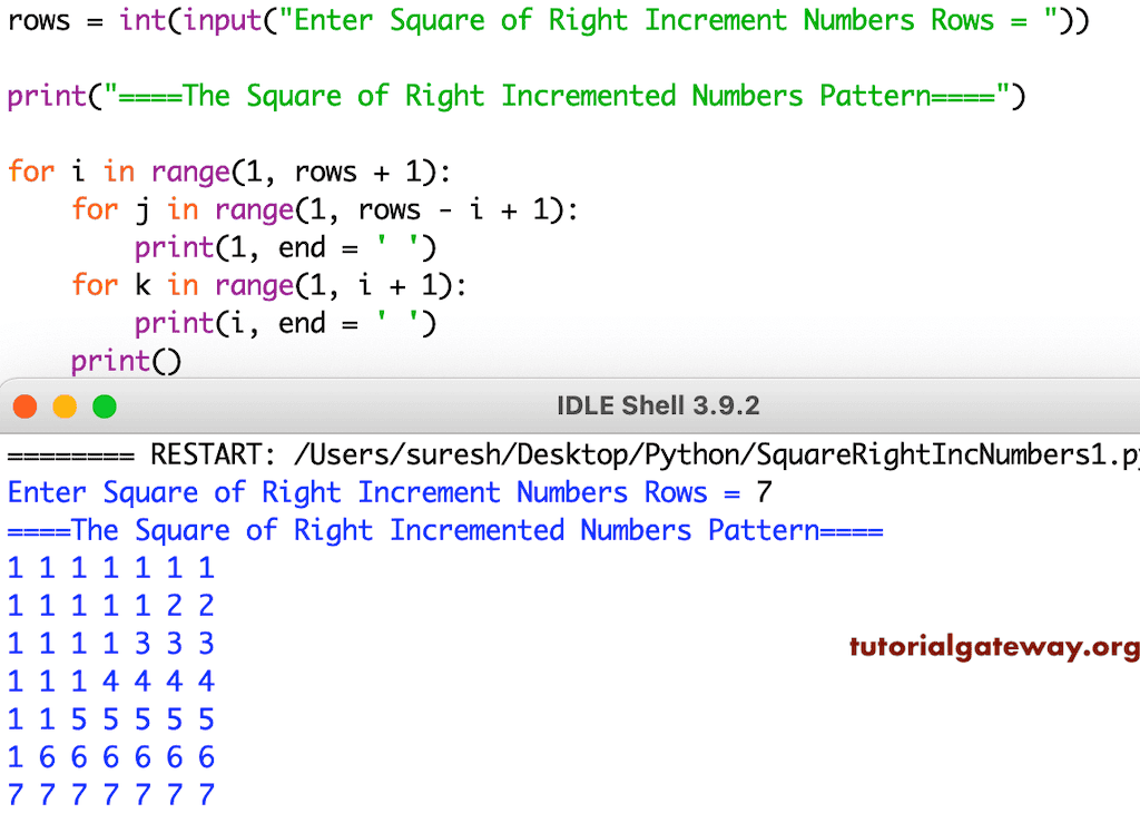 Python Program to Print Square of Right Increment Numbers Pattern