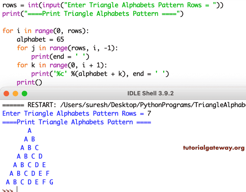 Program to Print Triangle Alphabets Pattern