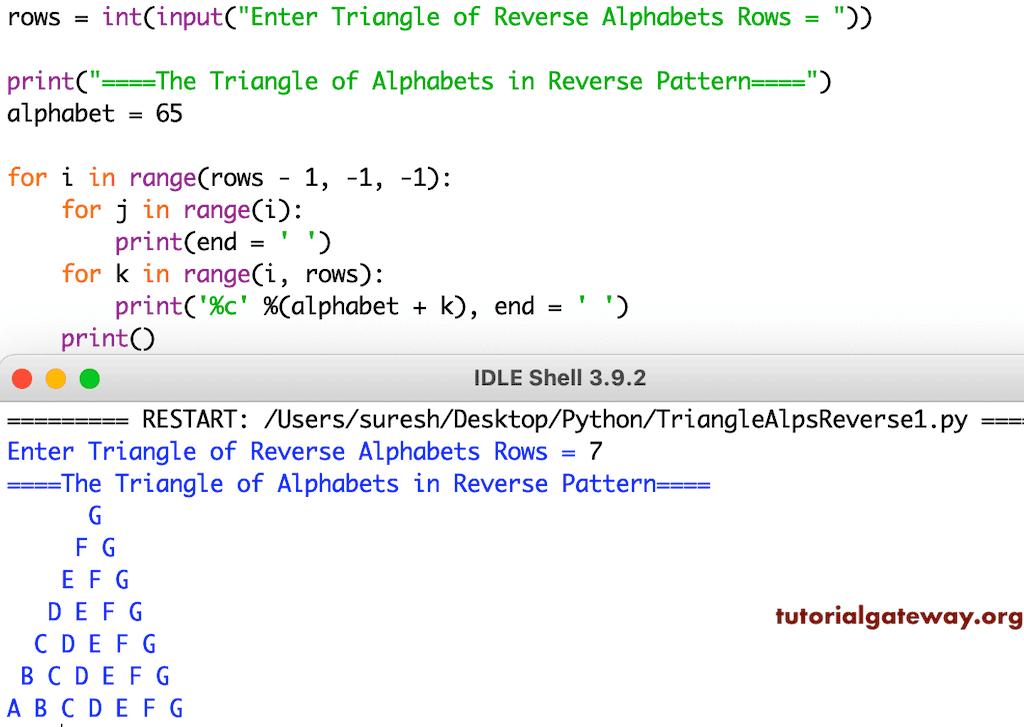 Python Program to Print Triangle of Alphabets in Reverse Pattern