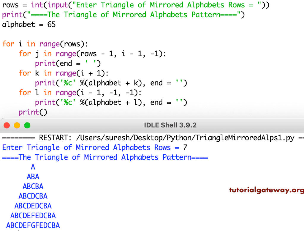 Python Program to Print Triangle of Mirrored Alphabets Pattern