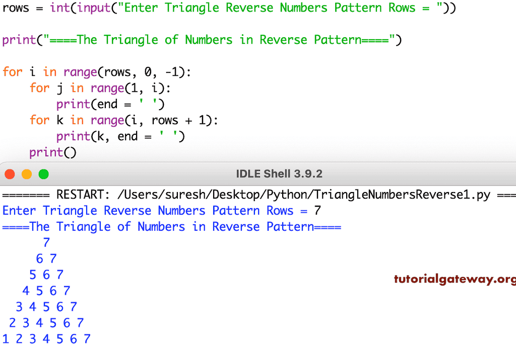 Python Program to Print Triangle of Numbers in Reverse Pattern