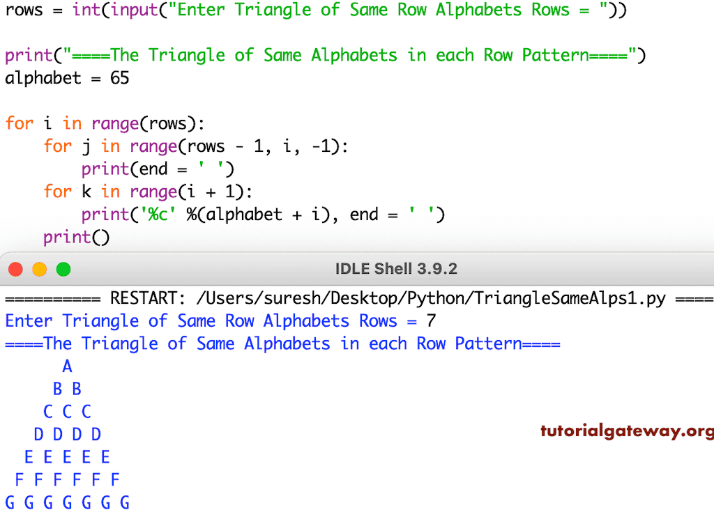 Program to Print Triangle of Same Alphabets Pattern