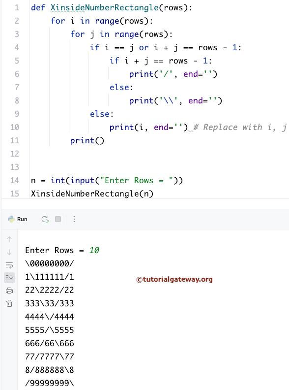 Python Program to Print X inside a Rectangle Number Pattern