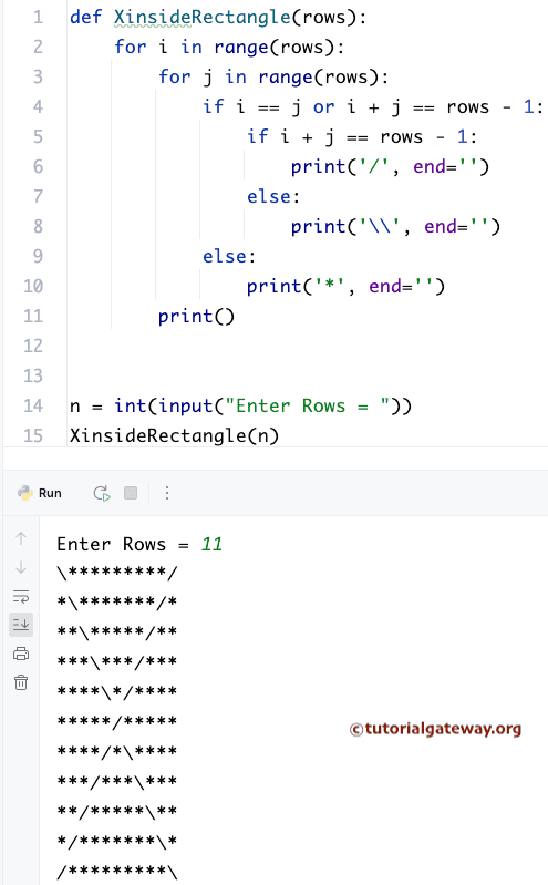 Python Program to Print X inside a Rectangle Star Pattern