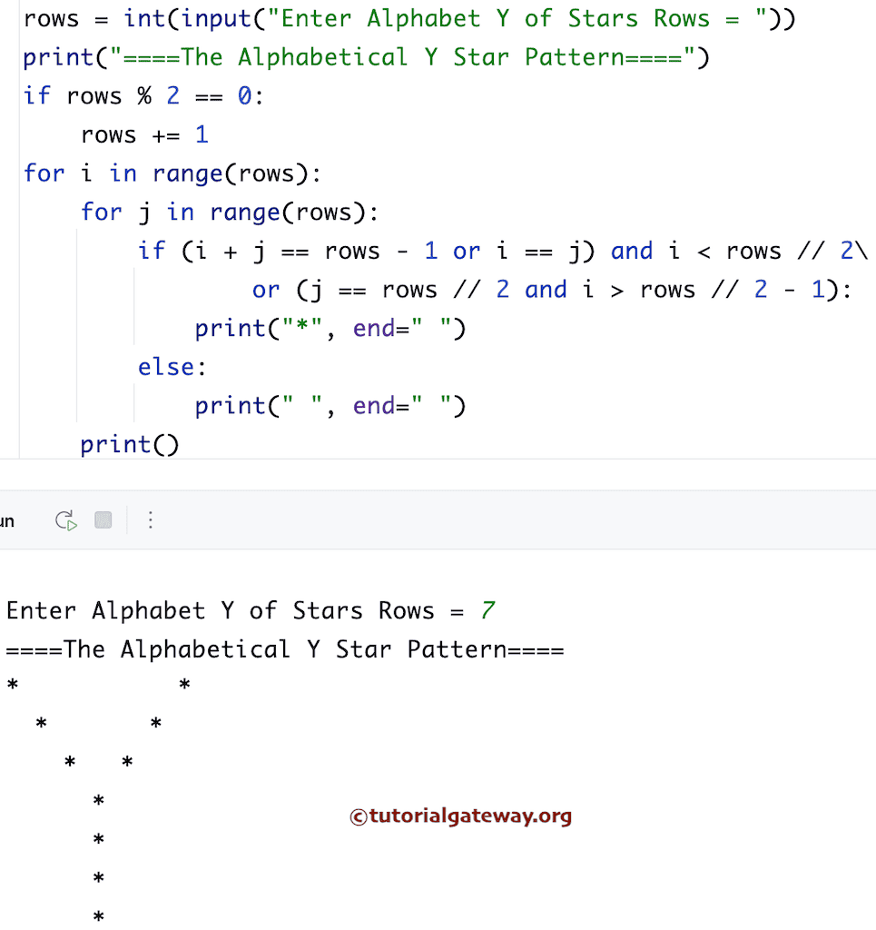 Python Program to Print Alphabetical Y Star Pattern