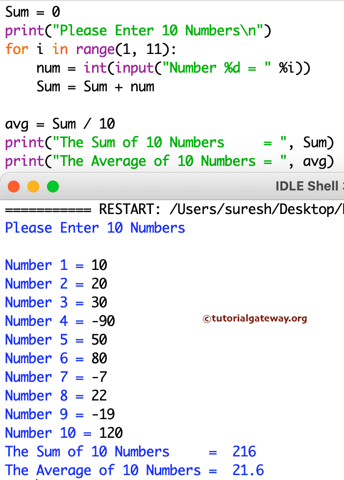 Python Program to Read 10 Numbers and Find their Sum and Average