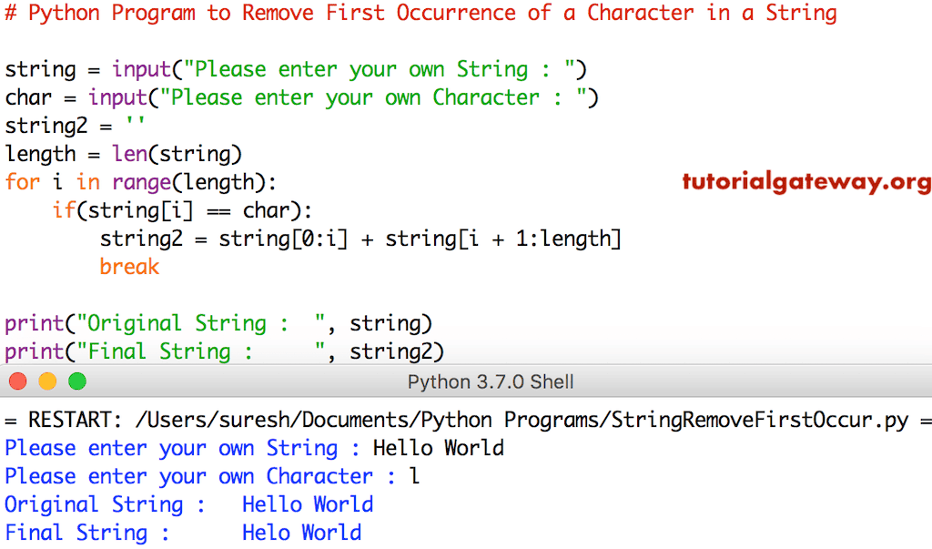 Python Program to Remove First Occurrence of a Character in a String
