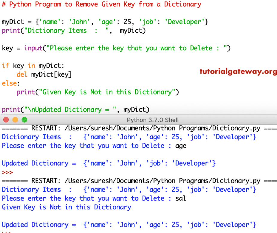 Program to Remove Given Key from a Dictionary