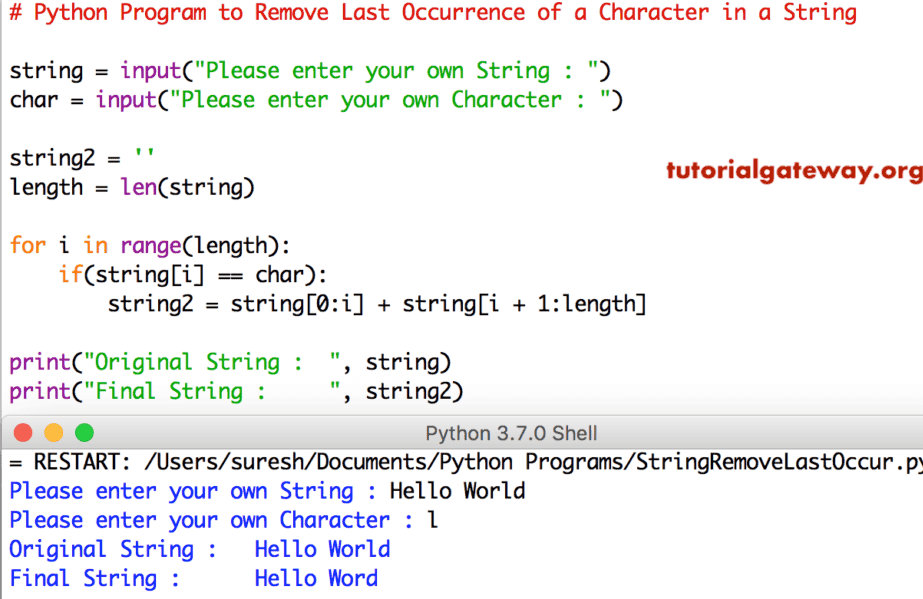 Python Program to Remove Last Occurrence of a Character in a String