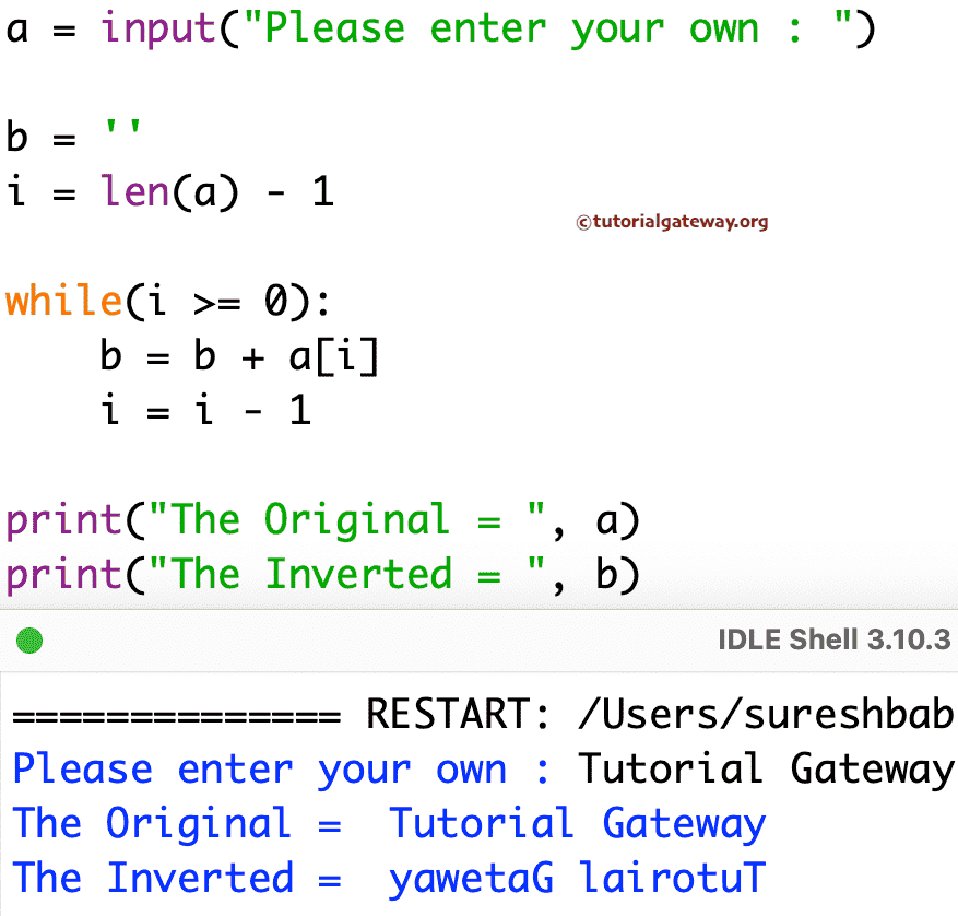 Program to reverse a String using While Loop