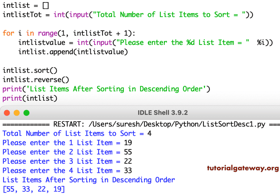 Program to Sort List Items in Descending Order