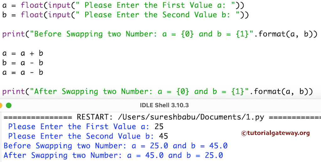 Swap Two Numbers using Arithmetic operators