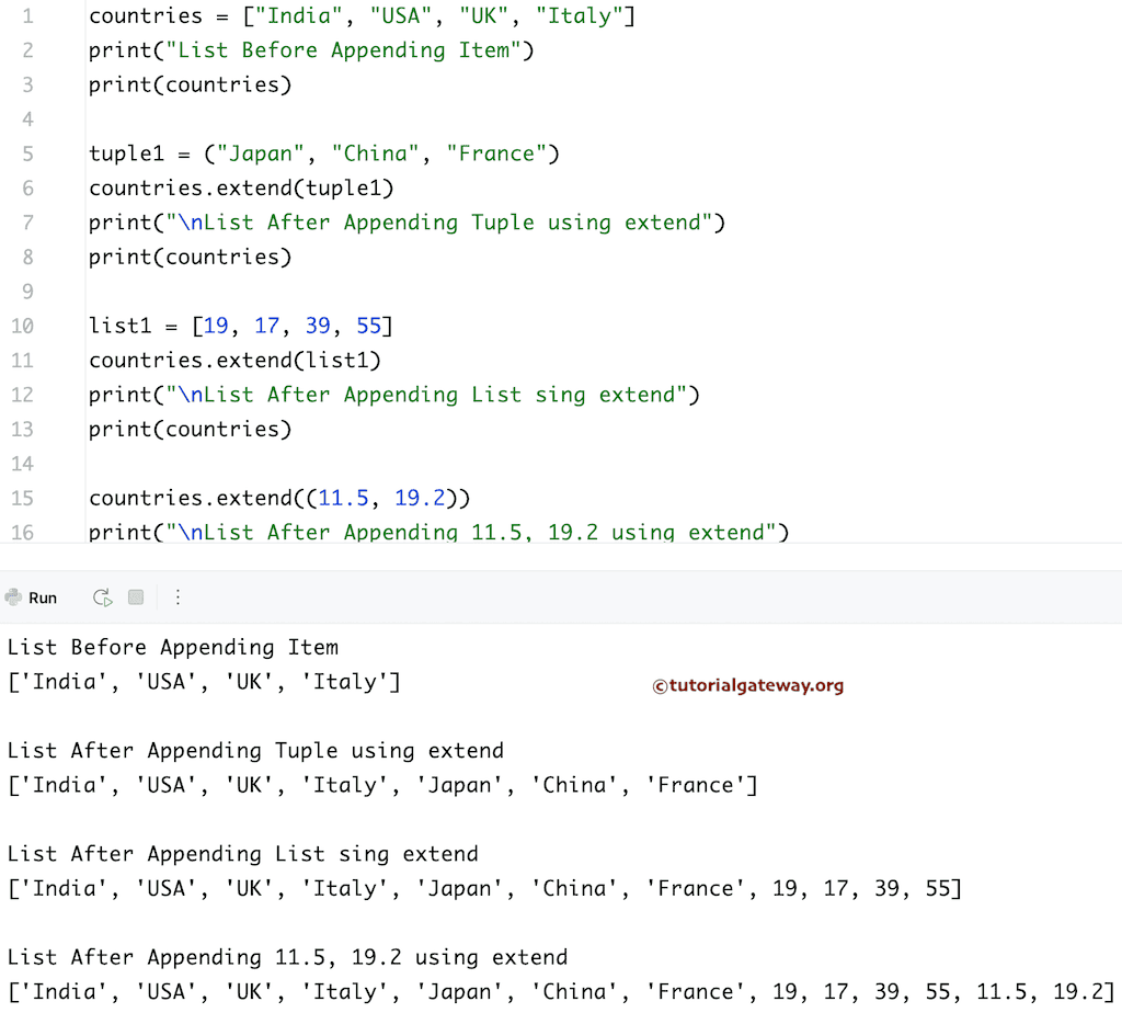append an item to a list using extend function