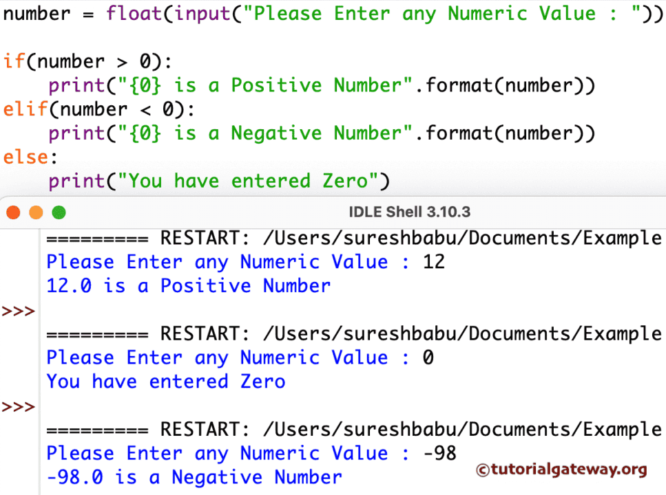 Python Program to check Number is Positive or Negative using elif condition