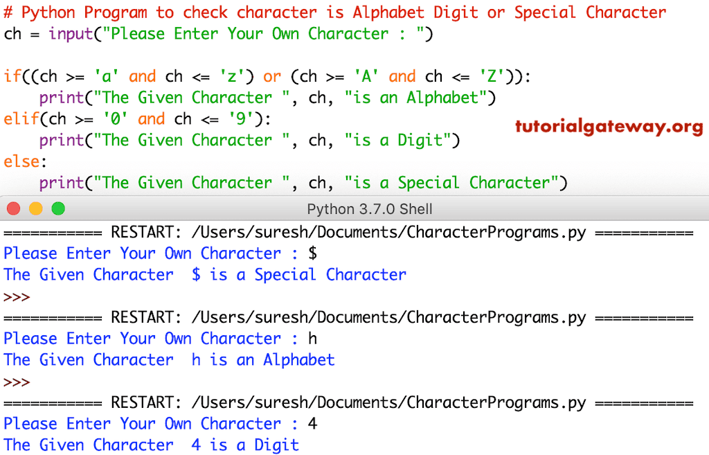 Python Program to check character is Alphabet Digit or Special Character 
