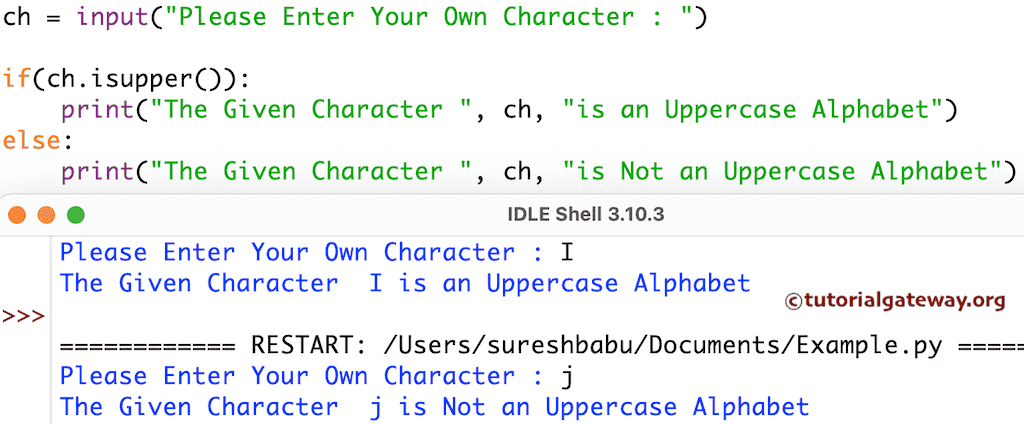 Python Program to check character is Uppercase using isupper function