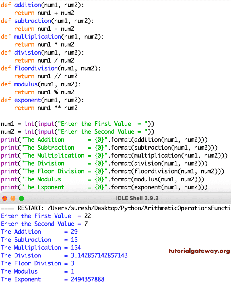 Python Program to do Arithmetic Calculations using Functions