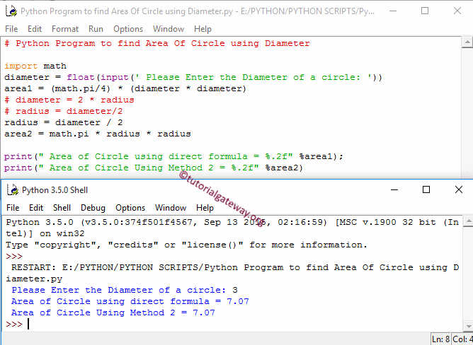 Program to find Area Of Circle using Diameter