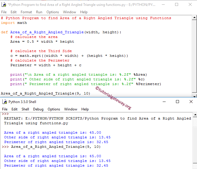Python Program to find Area of a Right Angled Triangle using functions