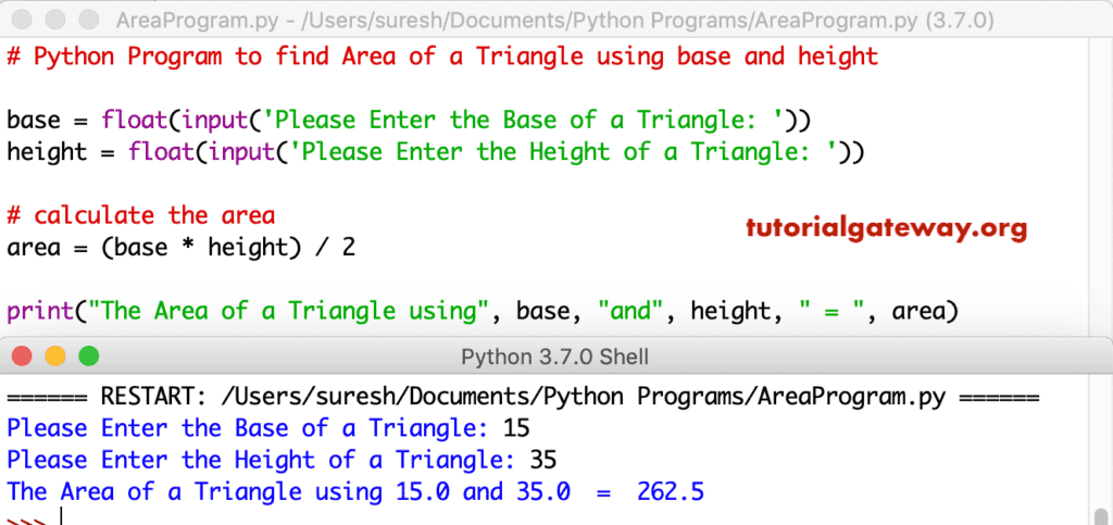 Python Program to find Area of a Triangle using base and height